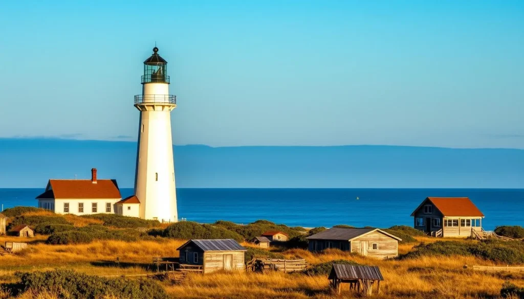 A serene coastal landscape on Portsmouth Island, North Carolina, capturing its historic sites. In the foreground, a well-preserved 19th-century lighthouse stands tall, its white exterior gleaming under the warm afternoon sun. In the middle ground, a cluster of weathered wooden structures, representing the island's maritime heritage, dot the shoreline. In the background, a hazy silhouette of the Currituck Sound and the distant Currituck Banks stretch out, creating a picturesque scene. The overall atmosphere is one of tranquility and timelessness, inviting the viewer to step back in time and explore the island's rich history.