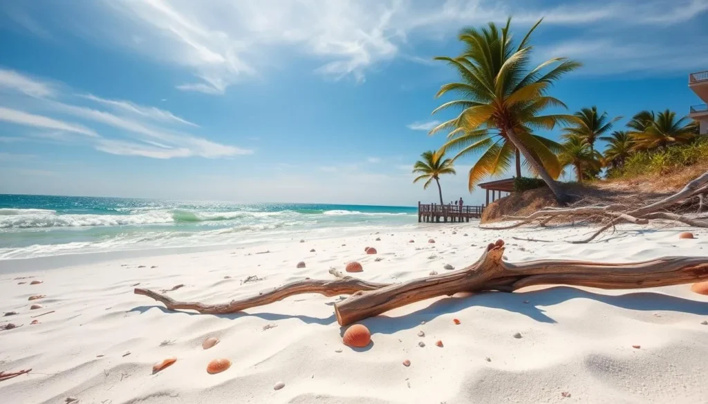 A serene coastal scene in Destin, Florida during the winter months. A sun-dappled beach with soft white sand, gentle waves lapping the shore. In the foreground, driftwood and seashells dotting the sand. In the middle ground, swaying palm trees and a clear blue sky with wispy clouds. In the distance, the emerald green waters of the Gulf of Mexico, reflecting the warm winter sun. The atmosphere is calm and tranquil, with a golden glow casting a cozy, inviting ambiance over the entire landscape. Capture this picturesque winter day in Destin through a wide-angle lens to showcase the serene coastal beauty.