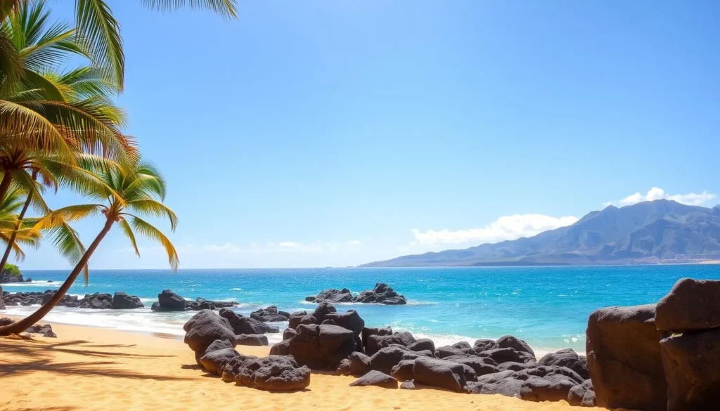 A serene coastline of Kapalua Beach, Maui, Hawaii, gently kissed by the azure Pacific Ocean. Vibrant green palm trees sway in the warm tropical breeze, their fronds casting dappled shadows across the golden sand. In the middleground, smooth lava rocks jut out into the sea, their weathered surfaces glimmering under the bright sun. The horizon is dotted with verdant, volcanic mountains, their slopes shrouded in a soft haze. The scene exudes a tranquil, inviting atmosphere, beckoning visitors to explore the natural splendor beyond the beach.
