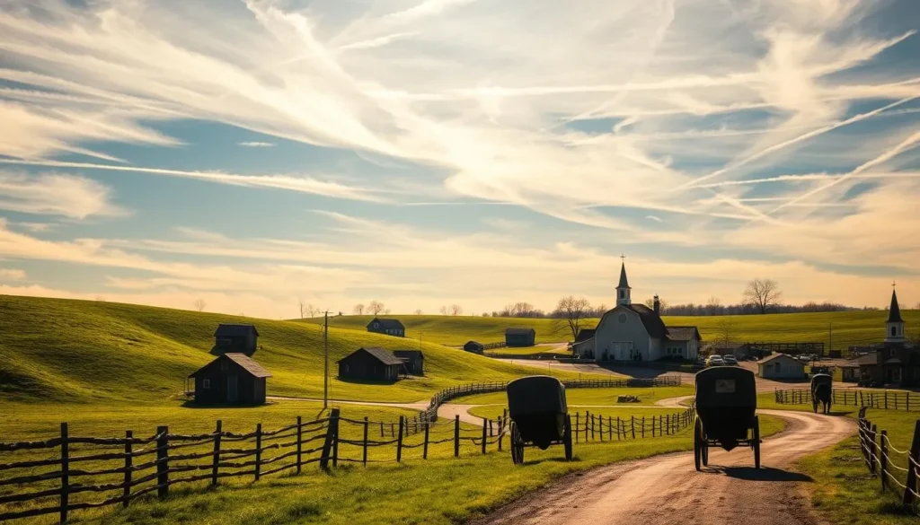 A serene countryside scene in Amish Country, Ohio. Rolling green hills dotted with picturesque wooden barns and farmhouses, their simple architecture and muted colors blending seamlessly into the landscape. Horse-drawn buggies meander down a winding gravel road, their clip-clop rhythm in sync with the tranquil ambiance. Wispy clouds drift overhead, bathing the scene in warm, golden sunlight that casts long shadows. In the distance, a small town with a quaint main street comes into view, its traditional storefronts and towering church steeple embodying the timeless charm of this historic region. The overall mood is one of peaceful coexistence, where modern life and age-old traditions harmonize in perfect balance.