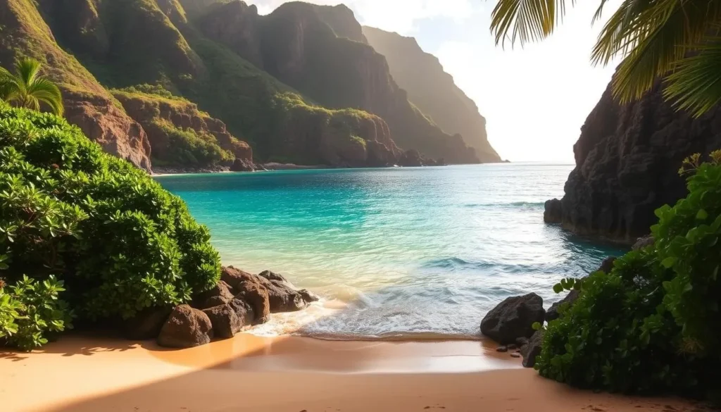 A serene cove on the island of Kauai, Ke'e Beach is captured in a tranquil scene. The crystal-clear turquoise waters gently lap against the soft, golden sand, creating a calming, reflective surface. Lush, verdant vegetation frames the shoreline, with towering cliffs rising in the background. Warm, diffused sunlight bathes the scene, casting a soft, natural glow and creating long, dramatic shadows. The atmosphere is one of peaceful solitude, inviting visitors to unwind and soak in the beauty of this picturesque Hawaiian beach.