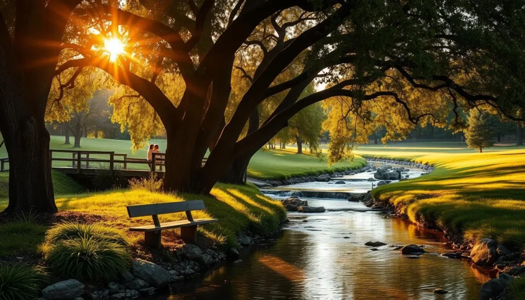 A serene creek flowing through a lush, verdant landscape in Rancho Cucamonga, California. A wooden bench nestled under the shade of towering oak trees, offering an intimate setting for a romantic date. Warm, golden sunlight filters through the leaves, casting a soft, romantic glow over the scene. In the distance, the sound of the bubbling creek and the gentle rustling of the foliage create a peaceful, tranquil atmosphere. A couple sits close together, enjoying the quiet moment and each other's company, surrounded by the natural beauty of the Cucamonga Creek.