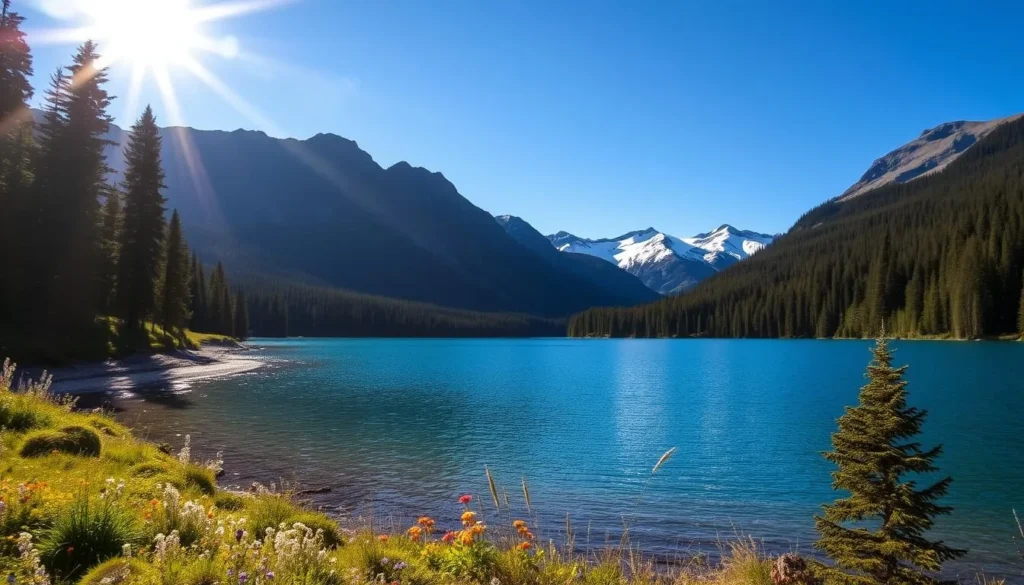 A serene crystal blue lake nestled amidst the lush evergreen forests and rugged peaks of the Cascade Mountains near Sisters, Oregon. Sunlight dances across the still waters, casting a warm glow over the surrounding landscape. In the foreground, vibrant wildflowers dot the gently sloping shoreline, while in the distance, majestic snow-capped mountains rise majestically against a clear azure sky. The scene evokes a sense of peace and tranquility, inviting visitors to immerse themselves in the natural beauty of this picturesque Pacific Northwest destination.