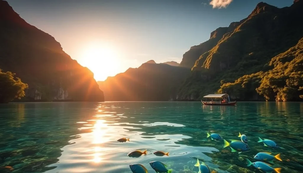 A serene, crystal-clear lagoon surrounded by lush, verdant hills and towering cliffs. The sun casts a warm, golden glow over the tranquil waters, creating shimmering reflections. In the foreground, colorful tropical fish dart through the shallows, while in the distance, a small traditional outrigger canoe glides across the surface. The atmosphere is one of peaceful tranquility, inviting the viewer to immerse themselves in the natural beauty of the Gambier Islands.