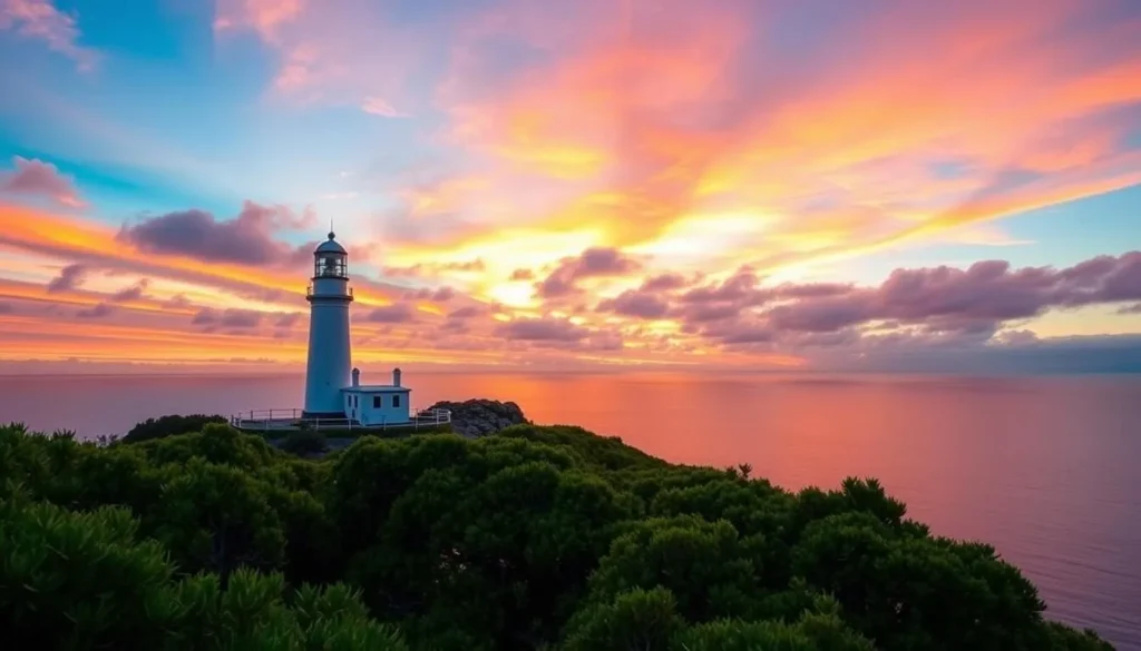 A serene dawn landscape at Cape Byron, New South Wales. Vibrant hues of orange and pink paint the sky as the sun's first rays peek over the horizon, casting a warm glow across the rocky headland. In the foreground, the iconic Cape Byron Lighthouse stands tall, its white facade contrasting against the azure waters of the Tasman Sea. Lush, verdant foliage frames the scene, hinting at the rich natural beauty of the surrounding Cape Byron National Park. The tranquil, reflective ocean stretches out to the horizon, mirroring the stunning celestial display above. This picturesque sunrise view captures the essence of one of Australia's most breathtaking coastal destinations.