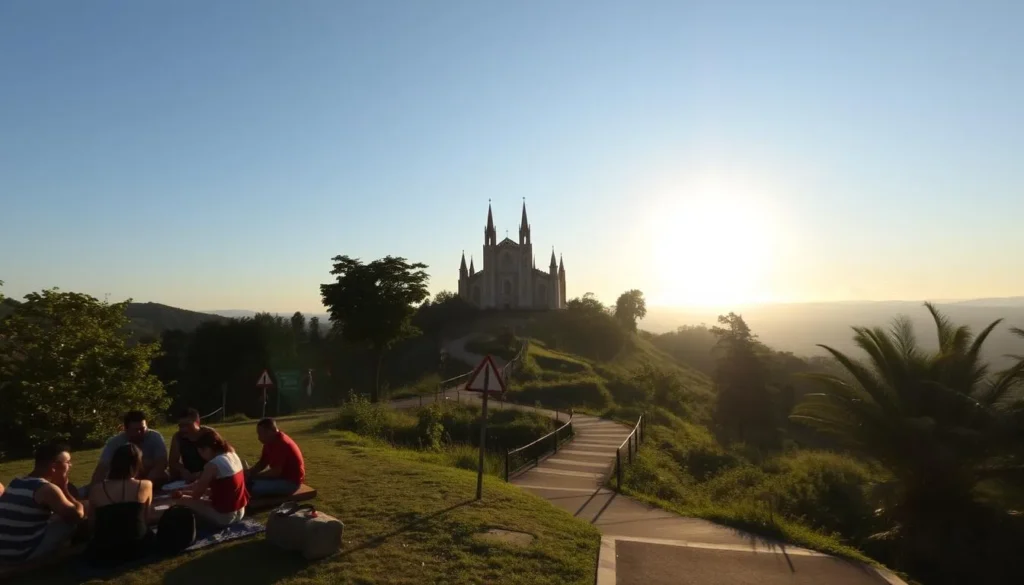 A serene day in the hills of Antipolo, the sun's warm glow illuminating the lush greenery. In the foreground, a group of people enjoying a picnic, taking in the panoramic vistas. In the middle ground, a winding path leading to a scenic overlook, inviting visitors to explore. The background features the iconic Antipolo Cathedral, its majestic spires rising against a clear, azure sky. Emphasize safety with a subtle presence of traffic signs, crosswalks, and well-maintained walkways, encouraging a secure and enjoyable experience. Capture the tranquil atmosphere and the practical aspects of visiting this picturesque destination.