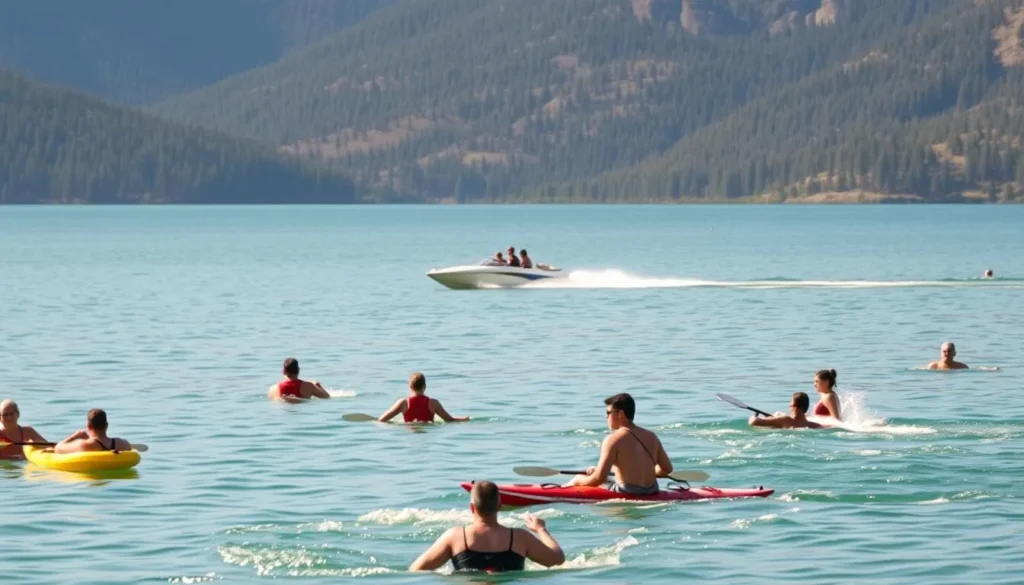 A serene day on Strawberry Reservoir, California. In the foreground, people enjoy various water activities - kayakers glide across the calm, turquoise surface, while swimmers splash and play near the shore. In the middle ground, a sleek motorboat carves through the waves, its occupants taking in the stunning mountain scenery. The background is dominated by lush, pine-covered hills that rise up around the reservoir, casting warm, soft shadows over the scene. The lighting is natural and diffused, creating a peaceful, idyllic atmosphere. Capture this picturesque moment of recreation and relaxation on the waters of Strawberry Reservoir.