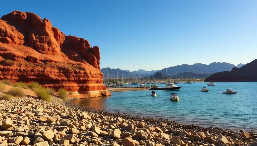 A serene desert oasis, Lake Havasu shimmers under the warm Arizona sun. Towering red sandstone cliffs frame the tranquil turquoise waters, dotted with sleek powerboats and colorful paddleboards. In the foreground, a rocky beach slopes gently into the calm lake, inviting visitors to dip their toes. The middle ground features a picturesque marina with sailboats and fishing vessels, their masts swaying gently in the light breeze. Distant mountains rise up, their jagged peaks casting long shadows across the landscape. The scene conveys a sense of peaceful solitude, with a soft, golden light illuminating the desert oasis.