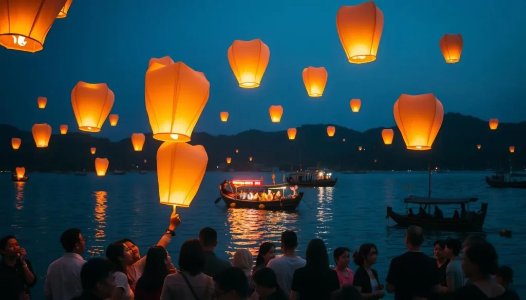 A serene evening on the tranquil waters of Con Dao, as the annual Hoi An Lantern Festival unfolds. Glowing lanterns float gracefully, casting a warm, ethereal glow across the scene. In the foreground, a group of locals and visitors gather, their faces alight with wonder as they release their lanterns into the darkening sky. In the middle ground, traditional Vietnamese boats dot the harbor, their colorful reflections rippling in the calm waters. The background showcases the lush, verdant hills of Con Dao, creating a picturesque natural backdrop for this enchanting celebration of light and culture. Soft, diffused lighting illuminates the festivities, evoking a sense of magic and timelessness.