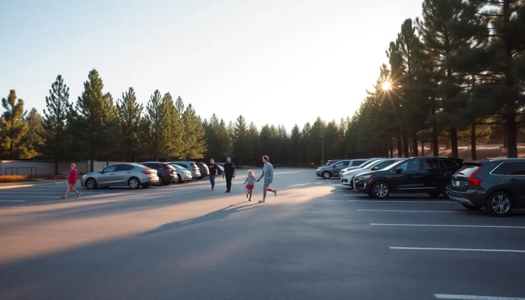 A serene family-friendly parking lot at the Lower Bear Creek Reservoir, with ample spaces and well-marked lines. The sun casts a warm glow, illuminating the clean, freshly paved asphalt. Surrounding the lot, lush evergreen trees sway gently in the breeze, creating a welcoming, natural ambiance. Families stroll towards the entrance, their children skipping and laughing. Compact sedans and SUVs are neatly parked, ready to transport visitors to the reservoir's scenic trails and picnic areas. A sense of tranquility and ease pervades the scene, inviting guests to enjoy a peaceful day amid the beauty of the California landscape.