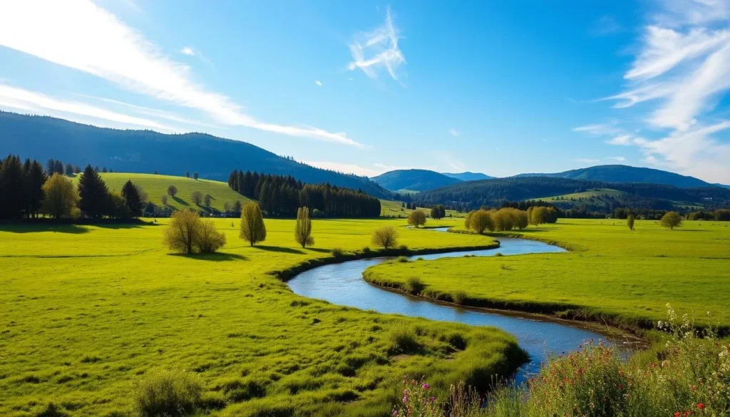 A serene floodplain landscape in Thurauen Nature Park, Switzerland. Lush green meadows stretch out towards the horizon, dotted with clusters of towering deciduous trees. In the foreground, a meandering river reflects the clear blue sky, its banks lined with vibrant wildflowers. Warm sunlight filters through wispy clouds, casting a soft, golden glow over the entire scene. In the distance, rolling hills rise up, their slopes covered in verdant forests. The overall atmosphere is one of tranquility and natural beauty, inviting the viewer to explore this picturesque corner of the Swiss countryside.