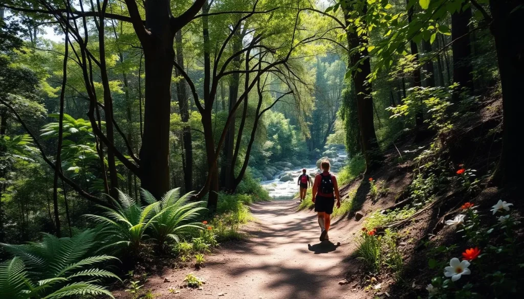 A serene forest path winds through lush, verdant foliage, sunlight filtering through the canopy above. Towering trees line the trail, their branches casting delicate shadows on the earthy ground below. Vibrant ferns and vibrant wildflowers dot the undergrowth, creating a picturesque natural scene. In the distance, a babbling brook gurgles over smooth rocks, its calming sounds adding to the tranquil atmosphere. Hikers traverse the path, their silhouettes visible through the dappled light, capturing the essence of an idyllic hiking experience in Singapore's verdant landscapes.