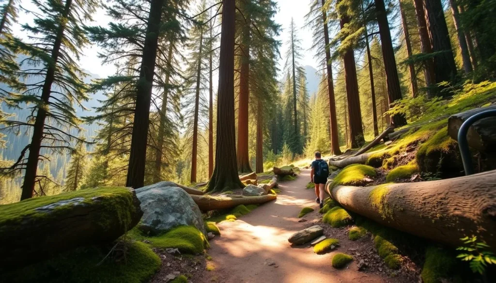 A serene forest path winds through towering evergreens, sunlight filtering through the canopy. Mossy boulders and fallen logs line the Wolf Tree Trail, inviting hikers to explore this lush, verdant landscape. In the distance, a glimpse of dramatic rock formations hints at the dramatic scenery beyond. The scene is bathed in warm, golden light, creating a tranquil, inviting atmosphere. A wide-angle lens captures the trail's meandering course and the magnificent scale of the ancient trees surrounding it. This peaceful, nature-filled scene perfectly captures the essence of adventure and exploration that defines the Wolf Tree Trail experience.