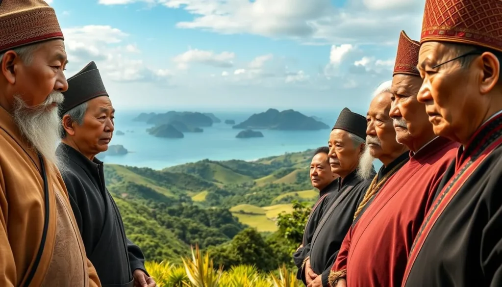 A serene gathering of influential historical figures from the Con Dao Islands, Vietnam, portrayed in a photorealistic style. In the foreground, a group of distinguished individuals dressed in traditional attire stand tall, their faces etched with wisdom and determination. The middle ground showcases the lush, verdant landscapes of the archipelago, with gently rolling hills and a tranquil coastline in the distance. Warm, natural lighting bathes the scene, creating a sense of timelessness and reverence. The overall composition evokes a feeling of respect and admiration for the legacy of these notable figures who have shaped the history of this remarkable region.