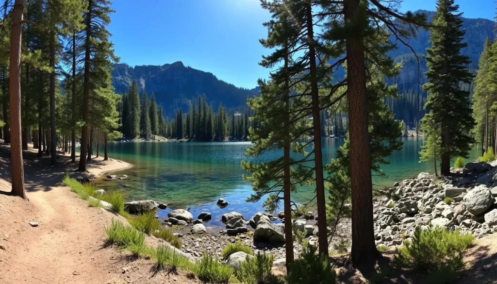 A serene granite lake nestled among towering pine trees, with crystal-clear waters reflecting the surrounding mountain peaks. Sunlight filters through the canopy, casting a warm glow across the scene. In the foreground, a well-worn hiking trail winds along the lakeshore, inviting exploration. The middle ground features a rugged, rocky shoreline, while the background showcases the majestic granite cliffs that give the lake its name. The atmosphere is one of tranquility and natural beauty, perfectly capturing the essence of the Swift Creek Trail leading to Granite Lake.