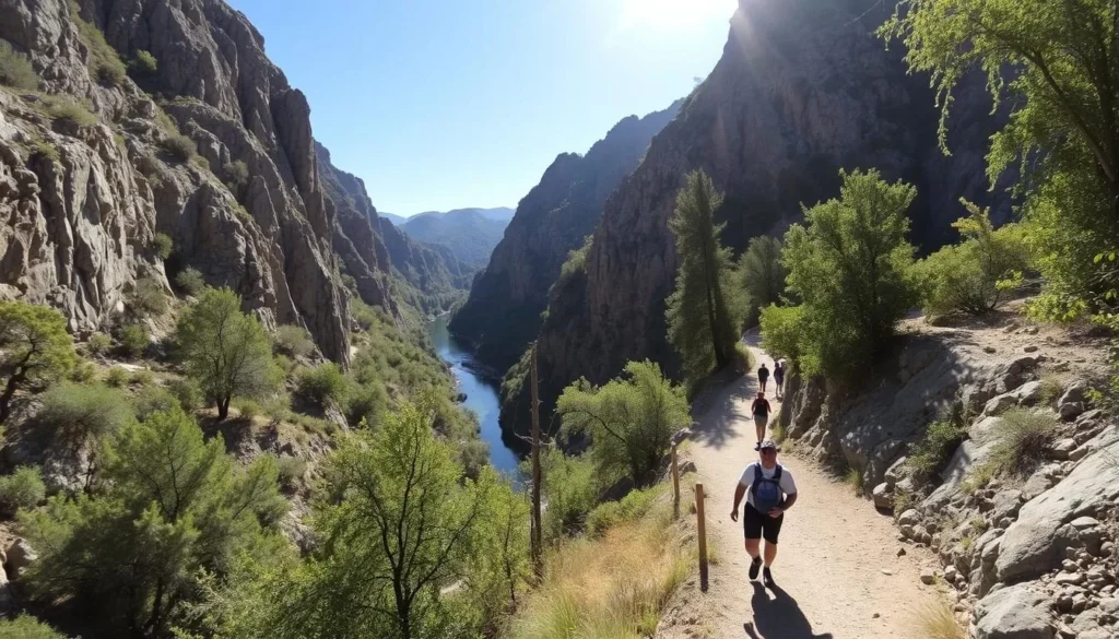 A serene hiking trail winding through the lush Cucamonga Creek canyon, with towering rocky cliffs and verdant foliage lining the path. Sunlight filters through the canopy, casting a warm glow on the rugged terrain. Hikers traverse the well-maintained trail, taking in the picturesque vistas of the tranquil creek and the surrounding mountainous landscape. The scene captures the essence of an outdoor adventure, inviting viewers to immerse themselves in the natural beauty of this scenic Californian destination.