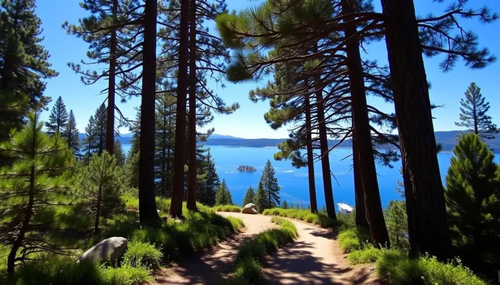 A serene hiking trail winds through a lush, forested landscape, leading towards the tranquil waters of Sugar Pine Reservoir. Tall, majestic pine trees flank the path, casting dappled sunlight across the well-maintained trail. In the distance, the glistening lake reflects the azure sky, inviting visitors to explore its peaceful shores. The scene exudes a sense of natural harmony, with the trail's gentle curves guiding hikers towards the picturesque reservoir, a prime destination for land-based adventures at this scenic California destination.