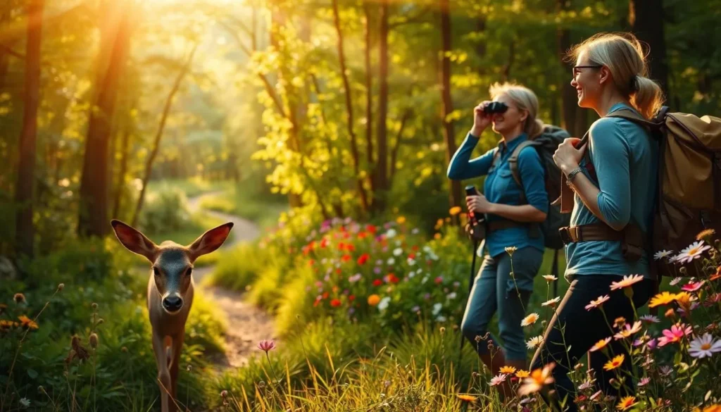 A serene hiking trail winds through a lush, verdant forest, with sunbeams filtering through the canopy. In the foreground, a curious deer pauses to graze, its gentle eyes capturing the tranquility of the moment. Further down the path, a vibrant array of wildflowers bloom, their petals swaying in the soft breeze. A pair of hikers, equipped with backpacks and binoculars, carefully observe the diverse wildlife that inhabits this peaceful sanctuary, their expressions filled with wonder and appreciation for the natural beauty surrounding them. The warm, golden light bathes the scene, creating a sense of calm and timelessness.