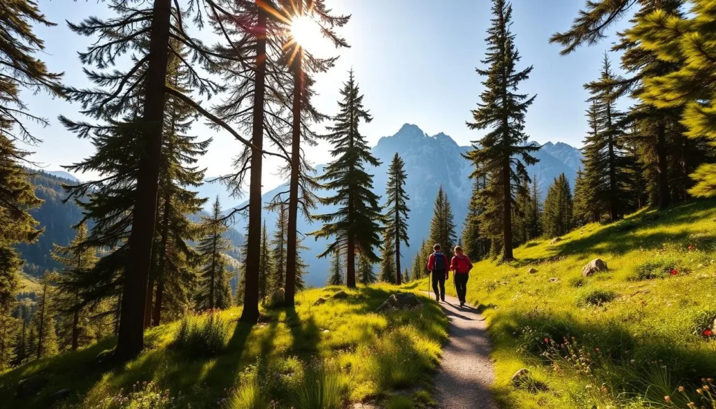 A serene hiking trail winds through a lush, verdant valley in the heart of the Swiss Alps. Sunlight filters through the canopy of towering pine trees, casting a warm, golden glow on the well-trodden path below. In the distance, snow-capped peaks rise majestically, their jagged silhouettes framing the scene. The trail itself is dotted with wildflowers, their vibrant hues adding a touch of natural beauty to the landscape. Hikers, their backpacks and hiking poles in hand, traverse the path, taking in the breathtaking views and the tranquil atmosphere of this outdoor haven.
