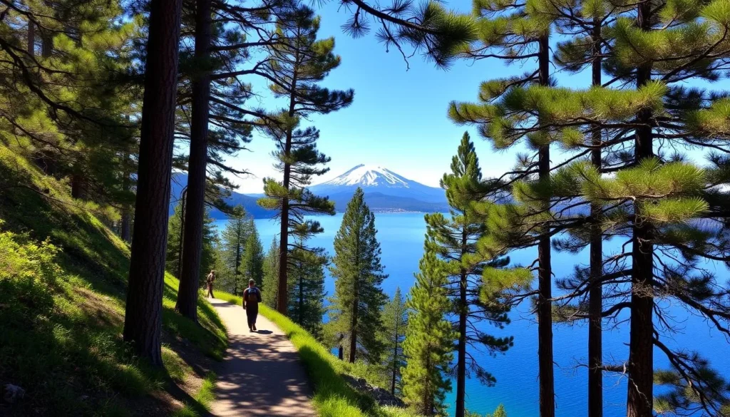 A serene hiking trail winds through the lush forests surrounding the crystal-clear waters of Lake Shasta. Towering pine trees cast a gentle dappled light over the path, their branches swaying softly in the warm breeze. In the distance, the majestic Mount Shasta looms, its snow-capped peak reflecting the azure sky. Hikers traverse the well-maintained trail, pausing to admire the breathtaking vistas of the lake, its deep blue hues complemented by the verdant landscape. The scene exudes a sense of tranquility and adventure, inviting visitors to immerse themselves in the natural beauty of this California gem.