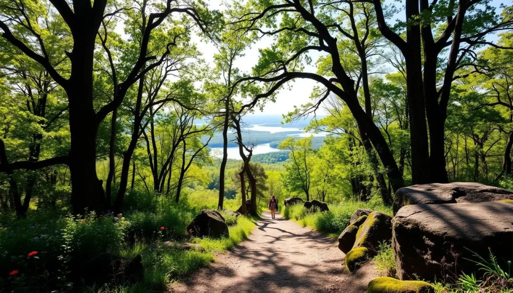 A serene hiking trail winds through the lush, verdant forests of Mark Twain Lake, Missouri. Dappled sunlight filters through the canopy of towering oak and maple trees, casting a warm, natural glow on the meandering path. In the foreground, a well-maintained trail leads hikers past vibrant wildflowers and mossy boulders, inviting exploration of the region's diverse flora and fauna. The middle ground reveals scenic overlooks offering panoramic views of the shimmering lake and distant rolling hills. A sense of tranquility and connection with nature permeates the scene, capturing the essence of the best hiking experiences at Mark Twain Lake.