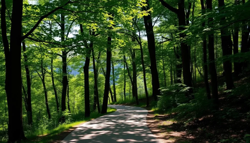A serene hiking trail winds through the lush, verdant forests of Onondaga Cave State Park, Missouri. Towering trees cast dappled shadows on the well-maintained path, inviting visitors to explore the park's natural beauty. In the distance, glimpses of the park's iconic limestone cliffs and caves come into view, hinting at the geological wonders that await. The lighting is soft and natural, creating a warm, inviting atmosphere that encourages relaxation and appreciation of the great outdoors. The scene evokes a sense of tranquility and adventure, perfectly capturing the essence of the park's scenic hiking trails.