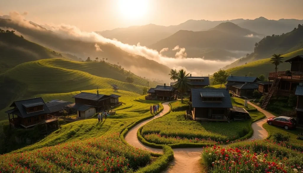 A serene hillside village nestled amidst lush, rolling green hills, with a gentle mist hovering over the landscape. The warm sunlight filters through the fog, casting a soft, golden glow over the traditional wooden houses and terraced rice paddies. In the foreground, a winding path leads through vibrant fields of flowers, inviting exploration. In the middle ground, a small group of locals in colorful garments go about their daily activities, while in the distance, the majestic peaks of the Hoang Lien Son mountains rise majestically, creating a picturesque backdrop. The scene conveys a sense of tranquility and harmony, perfectly capturing the essence of a pleasant day in the charming town of Sapa, Vietnam.