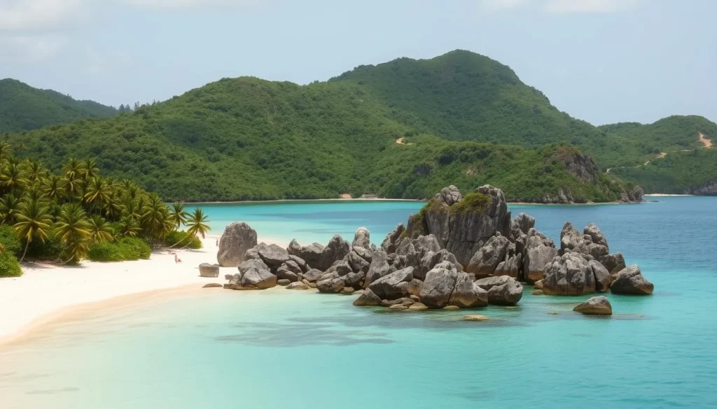 A serene island in the Pacific Ocean, surrounded by turquoise waters and lush, verdant foliage. In the foreground, a white sand beach curves along the shoreline, dotted with palm trees swaying gently in the warm, tropical breeze. In the middle ground, a cluster of rocky formations jut out from the water, their rugged surfaces weathered by the elements. Beyond, the island's interior is blanketed in a dense, vibrant green canopy, with the occasional glimpse of a winding hiking trail. The scene is illuminated by soft, diffused natural lighting, casting a warm, golden glow over the entire landscape. Capture the tranquil, idyllic atmosphere of this remote, picturesque island paradise.