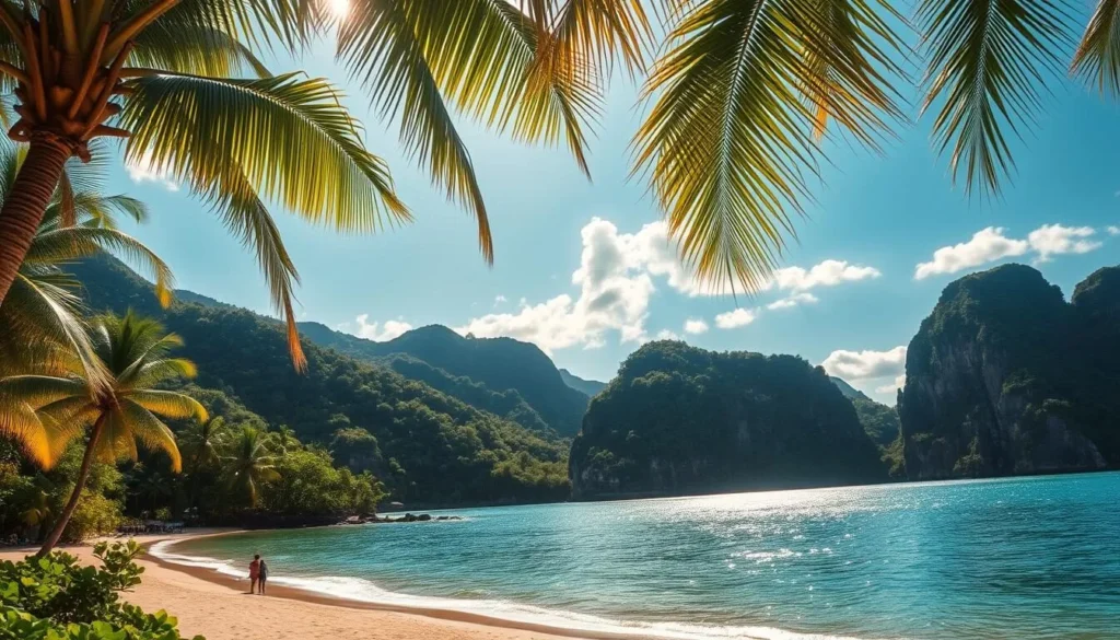 A serene island paradise, the Con Dao Islands rise from the azure waters of the South China Sea. Verdant hills, pristine beaches, and crystal-clear coves unfold in a picturesque landscape. Sunlight filters through swaying palm trees, casting warm, golden hues across the tranquil scene. In the foreground, a secluded beach invites visitors to bask in the tropical ambiance, while in the middle ground, lush forests cling to the island's gentle slopes. The background features dramatic limestone cliffs that plunge into the shimmering sea, creating a stunning natural backdrop. Capture the essence of this unspoiled Vietnamese gem with a cinematic, high-resolution image showcasing its captivating beauty.