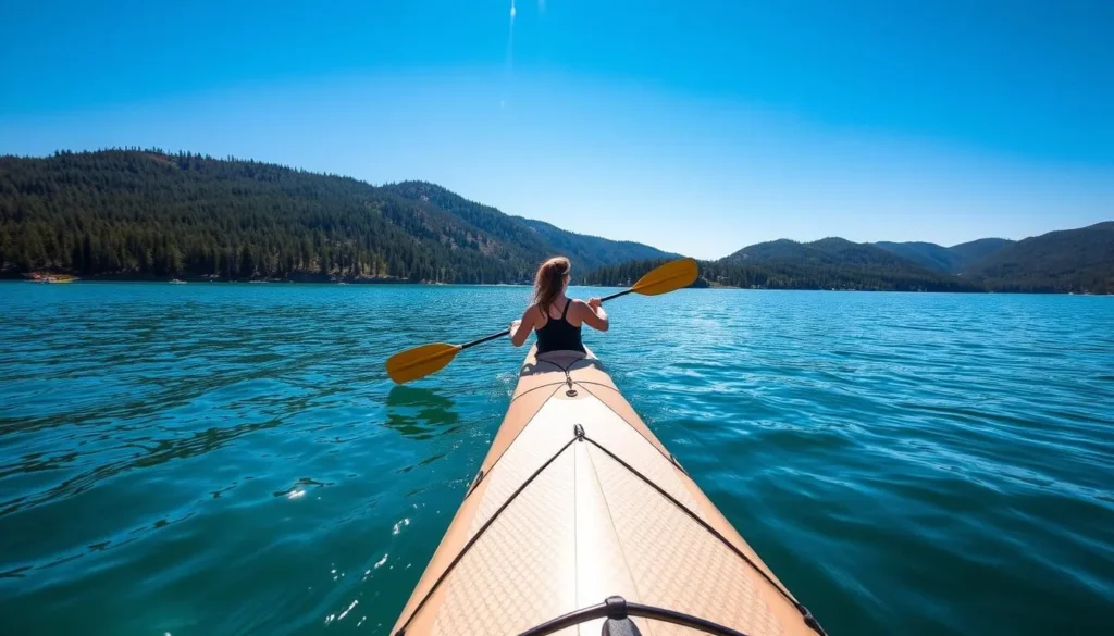 A serene kayaker glides across the calm, turquoise waters of Cold Springs Reservoir, surrounded by towering pine-clad hills and a clear, azure sky. Sunlight dances on the surface, casting a warm glow over the scene. The kayaker's paddle cuts through the water with grace, creating gentle ripples. In the foreground, the kayak's sleek, streamlined design stands out, while the middle ground features the vast expanse of the reservoir, dotted with other paddlers exploring the tranquil setting. The background showcases the lush, verdant landscape, creating a picturesque, naturalistic atmosphere perfect for a day of water recreation.