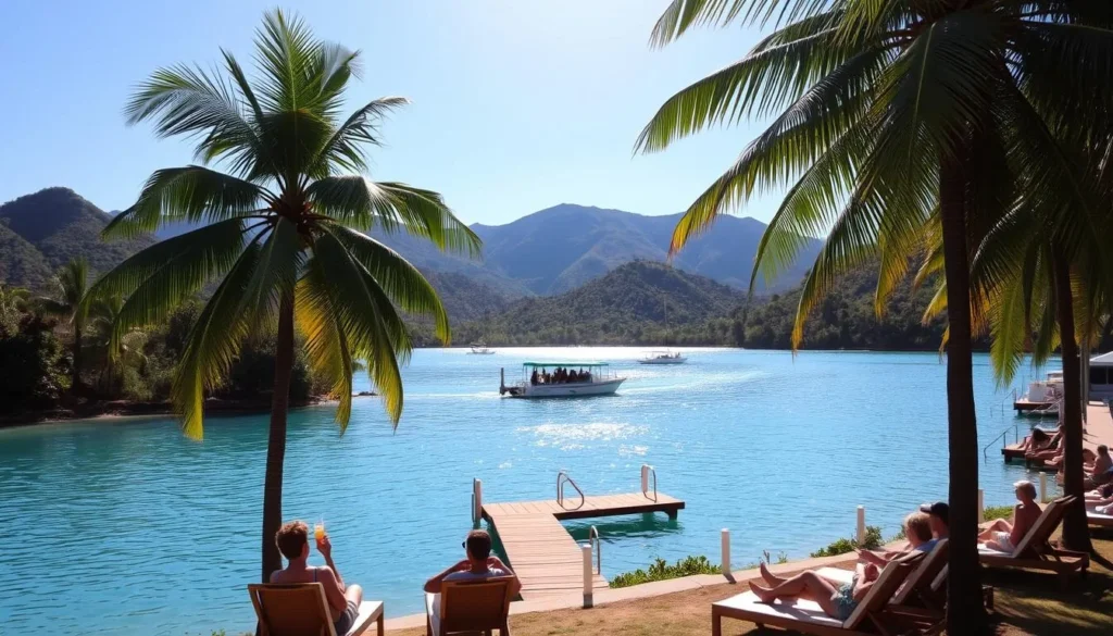 A serene lagoon nestled in the lush, verdant landscape of La Laguna, Mexico. Turquoise waters glisten under a warm, golden sun, inviting visitors to relax and unwind. Towering palm trees sway gently in the soft breeze, casting playful shadows on the calm surface. In the foreground, people recline on comfortable lounge chairs, sipping refreshing drinks and taking in the tranquil atmosphere. The middle ground features a small wooden dock, where a few boats are docked, ready to take explorers on scenic tours. The background showcases the rolling hills and mountains that surround the serene lagoon, creating a picturesque, idyllic setting.