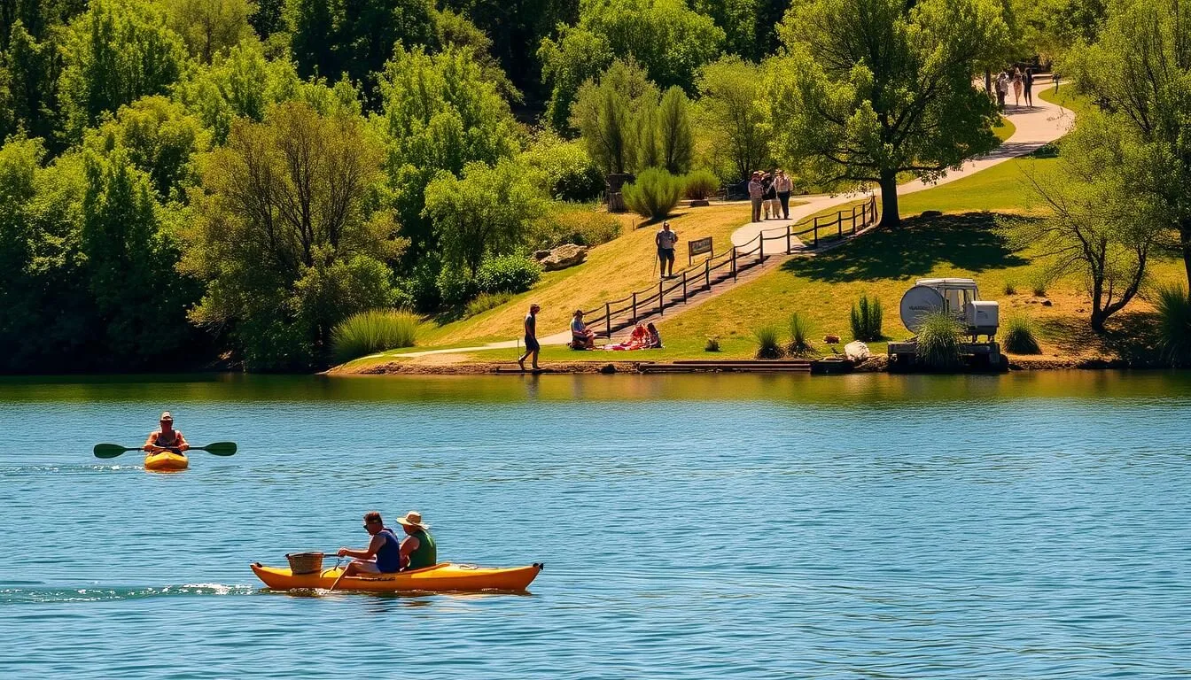 A serene lake surrounded by lush green foliage, with people engaged in various outdoor activities. In the foreground, a group of friends kayaking on the calm waters, their paddles gently slicing through the surface. In the middle ground, a family enjoying a picnic on the grassy shores, their colorful blanket and baskets adding a vibrant touch. In the background, hikers traversing a winding trail along the lake's edge, taking in the breathtaking scenery. The scene is bathed in warm, golden sunlight, creating a peaceful and inviting atmosphere. Capture the tranquility and natural beauty of Lake Santa Margarita, California, where people can immerse themselves in a variety of outdoor pursuits.