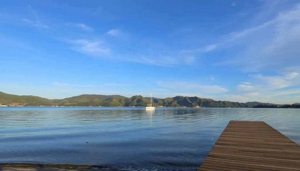 A serene lakefront scene in the East End of Lake Elsinore, California. A tranquil body of water reflects the surrounding landscape, with lush green hills rising in the background. Gentle waves lap against the sandy shore, and a lone sailboat glides across the surface, catching the warm, golden light of the sun. In the foreground, a wooden dock stretches out over the water, inviting visitors to stroll and take in the peaceful atmosphere. The sky is a brilliant blue, dotted with wispy clouds, creating a calming and inviting atmosphere. The overall scene conveys the natural beauty and tranquility of this section of the lake.