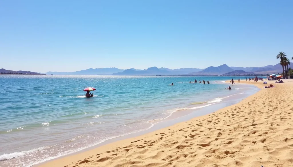 A serene lakeside beach at Lake Havasu, California, on a sunny day. In the foreground, fine golden sand and gentle waves lapping the shore. People sunbathing, swimming, and building sandcastles. Colorful umbrellas, towels, and beach gear dot the scene. In the middle ground, palm trees sway in a light breeze, casting soft shadows. The lake stretches out to the horizon, its turquoise waters glittering under the warm sunlight. Distant mountains rise up, framing the tranquil landscape. The overall atmosphere is one of relaxation, leisure, and natural beauty.