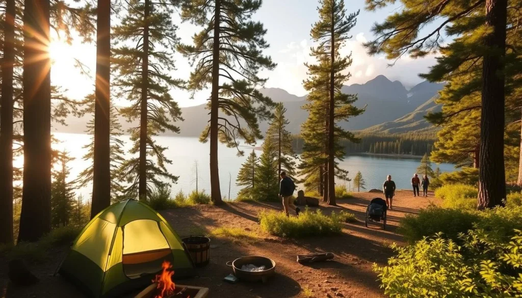A serene lakeside campsite at Lake O'Neill, California, nestled amidst towering pines and lush foliage. Warm sunlight filters through the canopy, casting a golden glow over the tranquil waters. In the foreground, a cozy tent is set up, surrounded by a crackling campfire and camping gear. In the middle ground, hikers stroll along a winding trail, taking in the breathtaking views of the lake. The background showcases the majestic mountains that frame the scene, their peaks kissed by wispy clouds. The overall atmosphere is one of peaceful adventure, inviting visitors to immerse themselves in the natural beauty of this picturesque location.