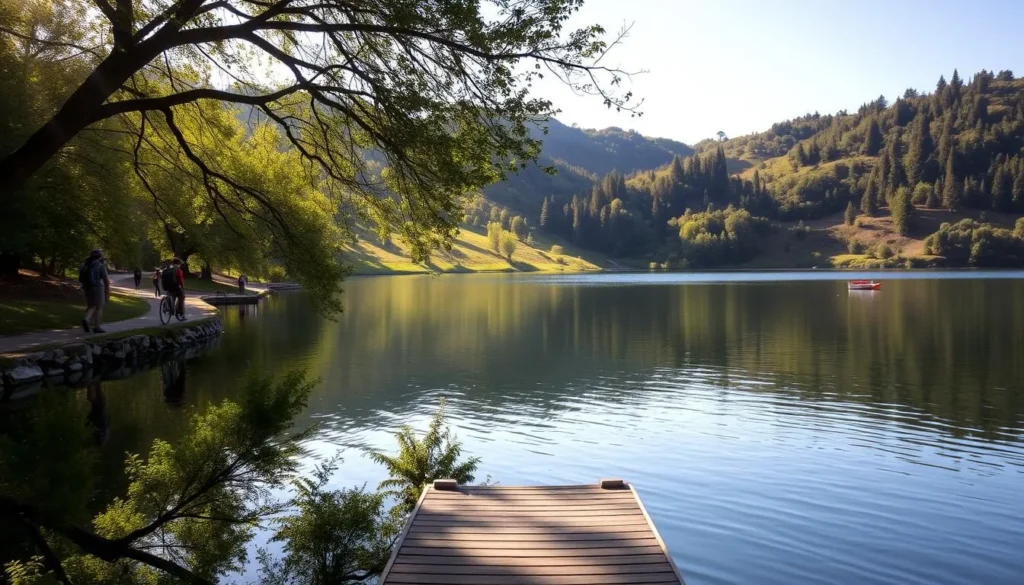 A serene lakeside landscape at Lake Chabot Regional Park, California. The tranquil waters of the lake reflect the lush, verdant trees and hills surrounding it, creating a picturesque scene. Sunlight filters through the canopy, casting a warm, golden glow over the scene. In the foreground, a wooden dock juts out into the lake, inviting visitors to take in the peaceful ambiance. Hikers and cyclists can be seen enjoying the winding trails that wind through the park, while a small boat floats peacefully on the lake. The overall atmosphere is one of natural beauty and outdoor adventure, perfectly capturing the essence of this beloved regional park.