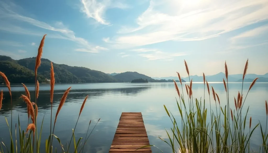 A serene lakeside landscape in Banlung, Cambodia, with a tranquil body of water reflecting the surrounding verdant hills and lush foliage. Warm sunlight filters through wispy clouds, casting a golden glow over the scene. In the foreground, tall reeds sway gently in a light breeze, while the middle ground features a small wooden dock extending into the calm waters. In the distance, the silhouettes of distant mountains rise up against a clear, azure sky. The overall atmosphere evokes a sense of peaceful solitude, inviting the viewer to immerse themselves in the natural beauty of this picturesque photography location.