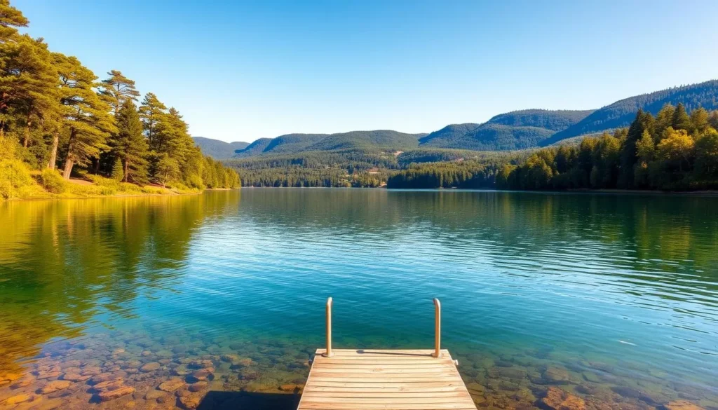 A serene lakeside landscape with crystal-clear waters reflecting the surrounding lush, verdant foliage. In the foreground, a small pier juts out into the tranquil lake, inviting visitors to cast a line or simply sit and admire the view. The middle ground features towering, majestic pine trees lining the shoreline, their branches swaying gently in a light breeze. In the distance, rolling hills covered in a tapestry of greens and browns rise up, creating a picturesque backdrop. The scene is illuminated by warm, golden sunshine, casting a soft, natural glow over the entire vista. An atmosphere of peaceful serenity and natural beauty pervades the image.