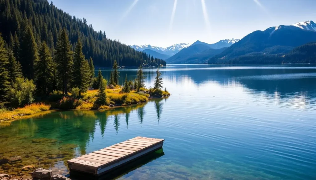 A serene lakeside landscape with crystal-clear waters reflecting the surrounding mountains and lush, verdant forests. Sunlight filters through the canopy, casting a warm, golden glow on the scene. In the foreground, a small jetty juts out into the lake, inviting visitors to sit and admire the tranquil beauty. The middle ground features a variety of native flora, including tall pines and vibrant wildflowers. In the distance, snow-capped peaks rise majestically, creating a picturesque backdrop. The overall atmosphere is one of peaceful serenity, perfect for a relaxing day of exploration and contemplation.