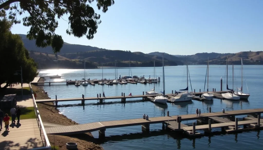 A serene lakeside marina on a sunny day, surrounded by lush green hills. The calm, glistening waters of Lake Chabot reflect the picturesque boats docked at the wooden pier. In the foreground, people stroll along the boardwalk, taking in the tranquil atmosphere. Warm sunlight filters through the trees, casting soft shadows across the scene. The mid-ground features a well-maintained marina with various sailboats and motorboats, their masts and hulls in perfect harmony with the natural landscape. In the background, rolling hills dotted with vegetation create a peaceful, idyllic backdrop. Capture the essence of outdoor recreation and natural beauty at Lake Chabot, California.