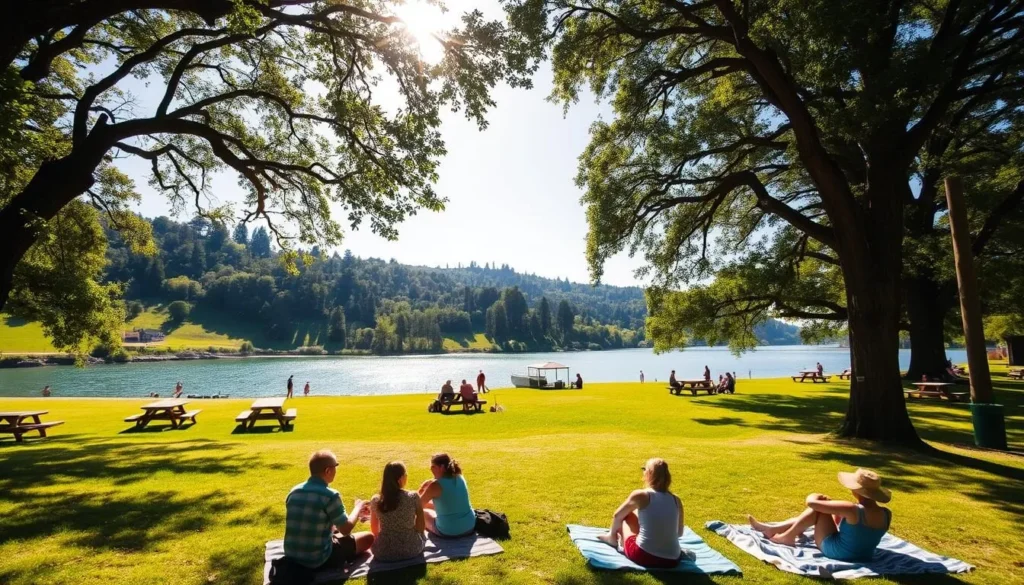 A serene lakeside picnic area nestled amidst verdant hills and towering trees. Sunlight filters through the canopy, casting a warm glow on the grassy expanse dotted with picnic tables and families enjoying a leisurely afternoon. In the foreground, a group of friends unpack their lunch, while others recline on blankets, taking in the tranquil scene. The crystal-clear waters of Lake Chabot shimmer in the distance, inviting visitors to wade, swim, or simply admire the stunning natural surroundings. A gentle breeze rustles the leaves, adding to the overall sense of relaxation and rejuvenation. The picnic area offers a perfect respite from the hustle and bustle, a sanctuary for those seeking to immerse themselves in the beauty of the great outdoors.