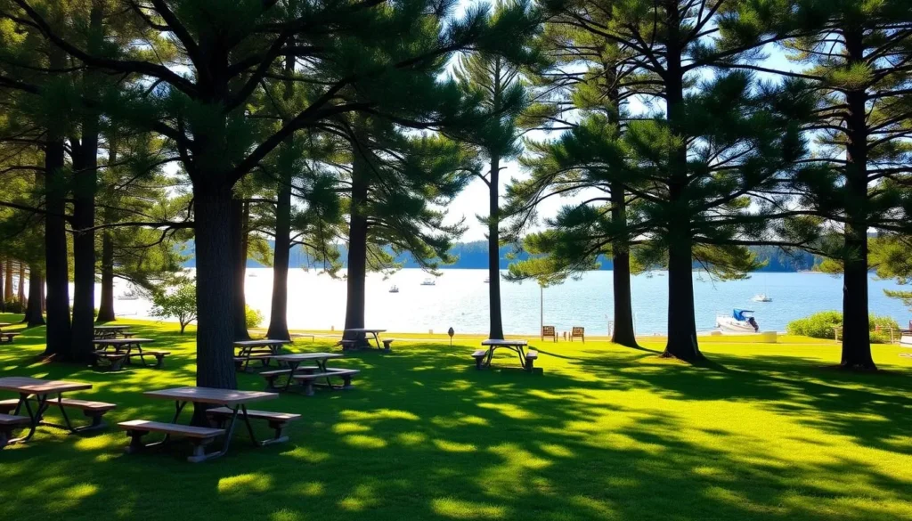 A serene lakeside picnic area, with lush green grass and towering pine trees casting dappled shadows. Clusters of wooden picnic tables and benches nestled under the canopy, inviting visitors to relax and enjoy the tranquil surroundings. In the distance, the calm waters of the lake shimmer in the warm, golden sunlight, with a few small boats drifting by. The atmosphere is peaceful and inviting, perfect for a leisurely outdoor gathering or a moment of quiet contemplation. The scene conveys a sense of harmony with nature, emphasizing the natural beauty of the Lake O'Neill setting.