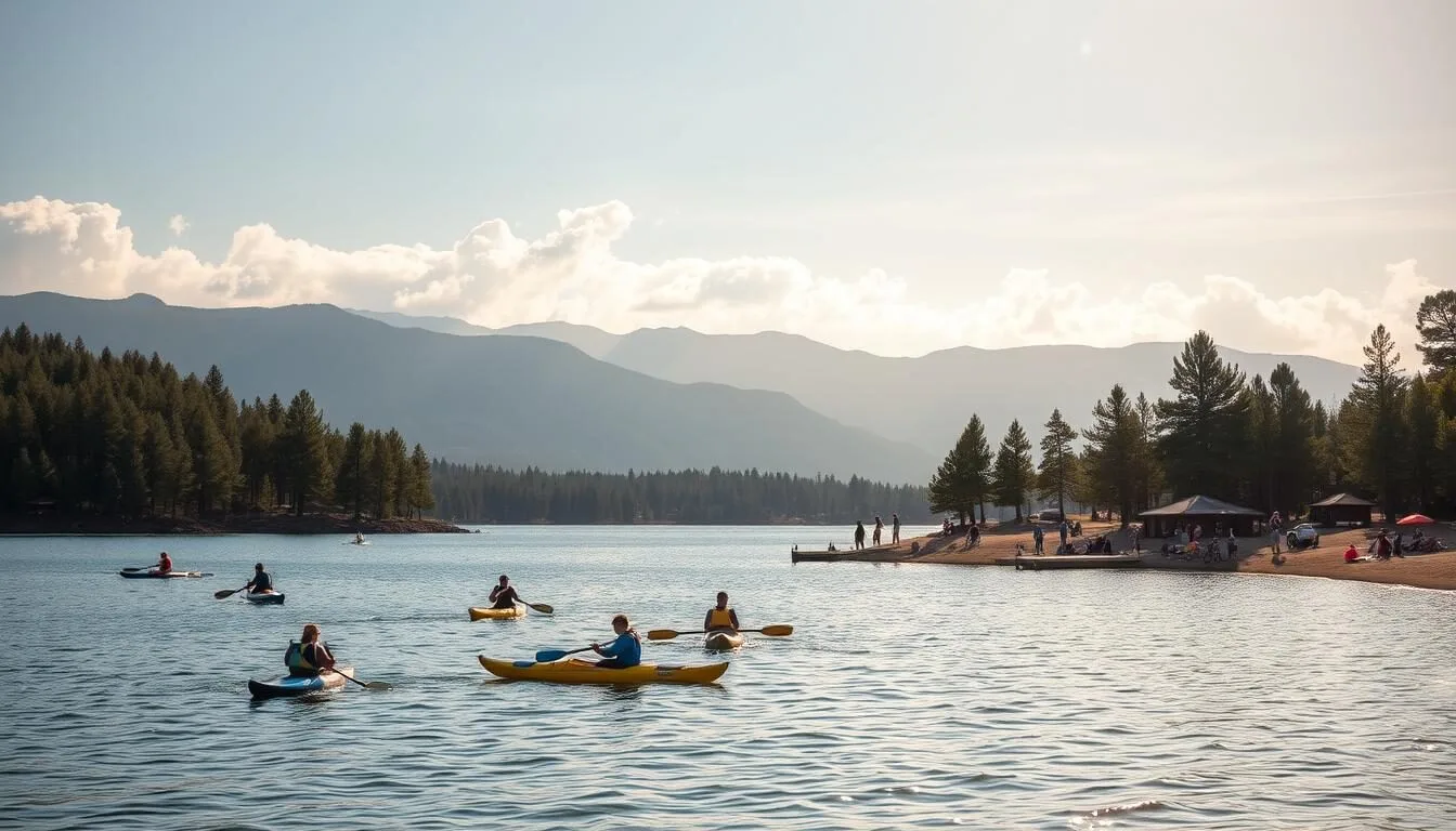 A serene lakeside scene at Big Bear Lake, California, featuring a variety of outdoor activities. In the foreground, people kayak and paddleboard on the calm, crystal-clear waters, surrounded by lush green trees and the majestic San Bernardino Mountains in the background. Warm, golden sunlight filters through the clouds, creating a peaceful, inviting atmosphere. In the middle ground, hikers and cyclists explore scenic trails along the shoreline, while families picnic on the sandy beach. The overall mood is one of tranquility and adventure, perfectly capturing the essence of the East Shore's best things to do.