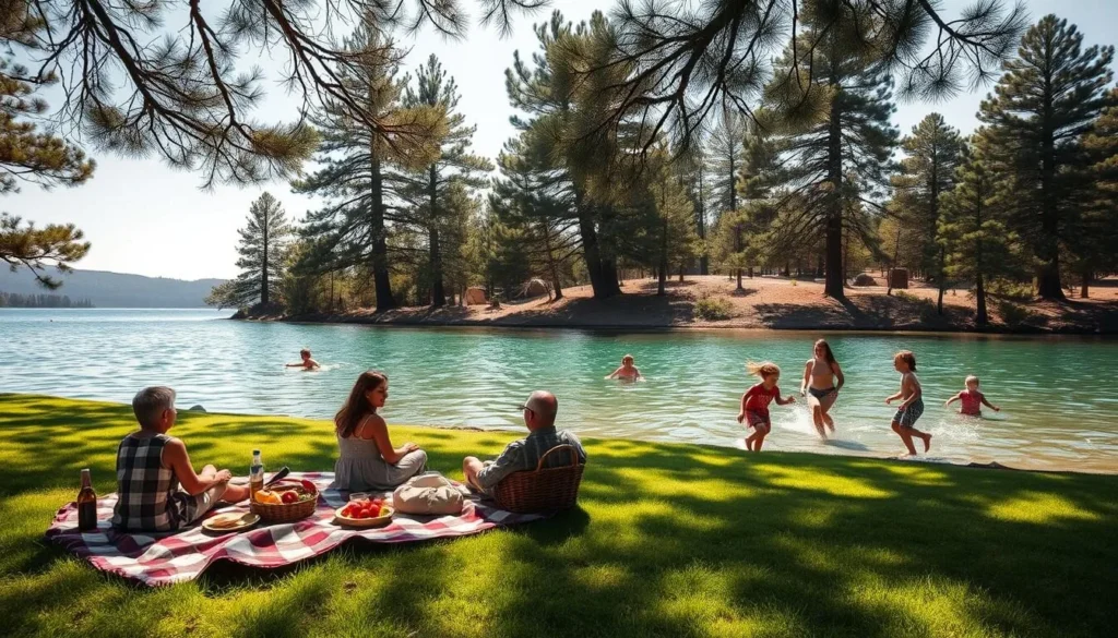 A serene lakeside scene at Huntington Lake, California. In the foreground, a family enjoys a picnic on a lush green lawn, with a cozy plaid blanket spread out and a wicker basket overflowing with fresh fruits and sandwiches. In the middle ground, children frolic in the shallows of the clear, azure lake, their laughter echoing across the water. In the background, towering pine trees line the shore, their branches casting dappled shadows on the scene. Soft, warm light filters through the leaves, creating a tranquil, golden glow over the entire setting. A gentle breeze ruffles the surface of the lake, adding a sense of movement and serenity to the idyllic tableau.