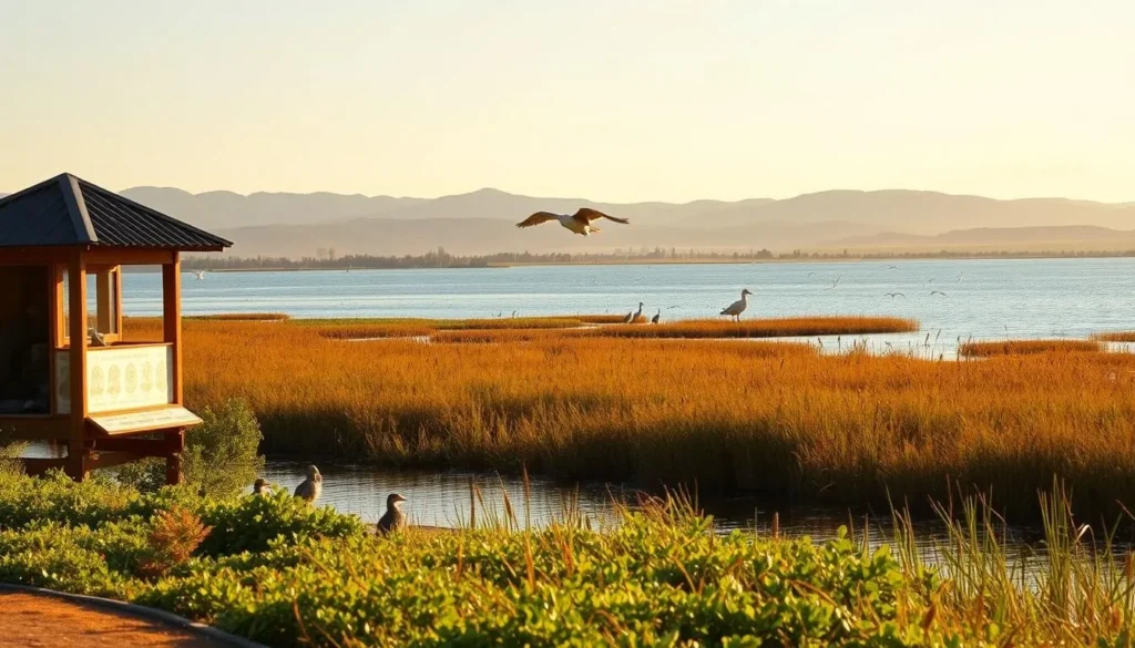 A serene lakeside scene at Lake Cachuma, with vibrant wetlands and lush foliage along the shore. In the foreground, a bird hide overlooks the tranquil waters, where a variety of waterfowl can be observed - ducks, herons, and egrets gracefully gliding across the surface. The middle ground features a mix of native flora, including willows and cattails, creating a natural, undisturbed habitat. In the distance, rolling hills and a clear sky provide a picturesque backdrop, bathed in warm, golden afternoon sunlight. The overall atmosphere evokes a sense of peace and harmony, perfect for a day of birdwatching and nature appreciation.