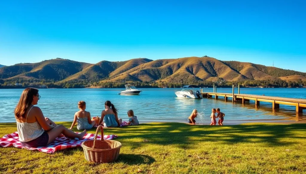 A serene lakeside scene at Lake Casitas, California, on a sunny afternoon. In the foreground, a family enjoys a picnic on the grassy shore, with a red-and-white checkered blanket and a wicker basket. Children play in the shallow water, splashing and building sandcastles. In the middle ground, a wooden dock extends into the calm, turquoise waters, where a small motorboat is moored. In the background, lush, verdant hills rise up, casting gentle shadows over the scene. The lighting is warm and golden, creating a peaceful, inviting atmosphere. Captured with a wide-angle lens to showcase the expansive, idyllic setting.