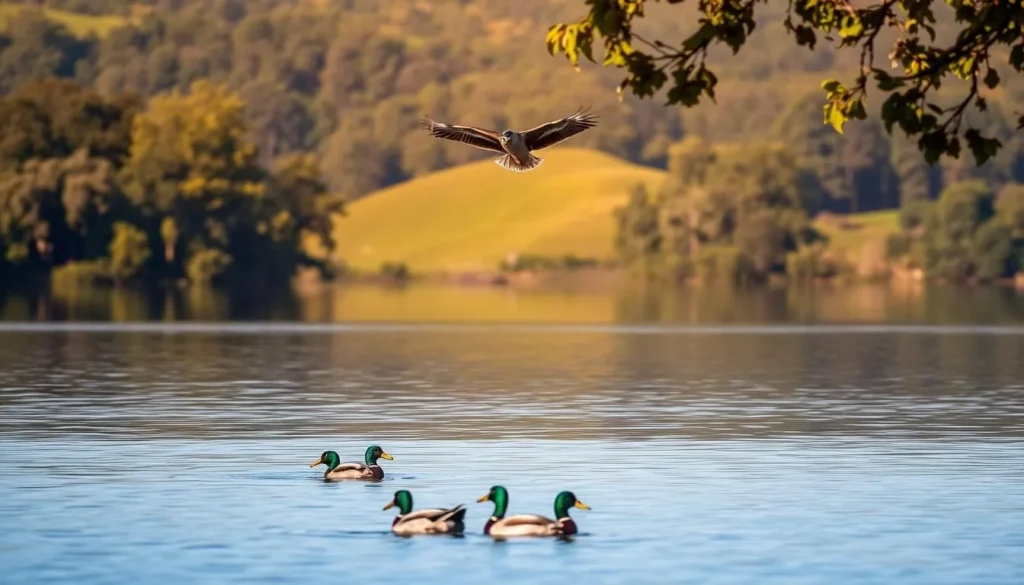 A serene lakeside scene at Lake Chabot in California, where diverse wildlife thrives. In the foreground, a pair of mallard ducks gracefully glide across the calm, mirror-like waters. In the middle ground, a red-tailed hawk soars overhead, its keen eyes searching for prey. The background features lush, verdant hills and trees, providing a natural backdrop for the tranquil setting. Warm, golden sunlight filters through the leaves, casting a soft, diffused glow over the entire scene. The overall mood is one of peaceful coexistence, showcasing the abundant and varied wildlife that calls Lake Chabot home.