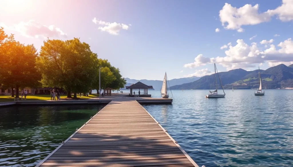 A serene lakeside scene at Lake Constance, Switzerland. In the foreground, a wooden pier extends into the calm, crystal-clear waters, inviting visitors to take a leisurely stroll. Lush, verdant trees line the shore, casting soft shadows on the ground. In the middle ground, sailboats gently sway, their white sails billowing in the gentle breeze. The background showcases the picturesque alpine landscape, with rolling hills and snow-capped peaks framing the tranquil scene. Warm, golden sunlight filters through the clouds, creating a serene and inviting atmosphere. The overall mood is one of peaceful relaxation, perfectly capturing the essence of a visit to this stunning natural wonder.