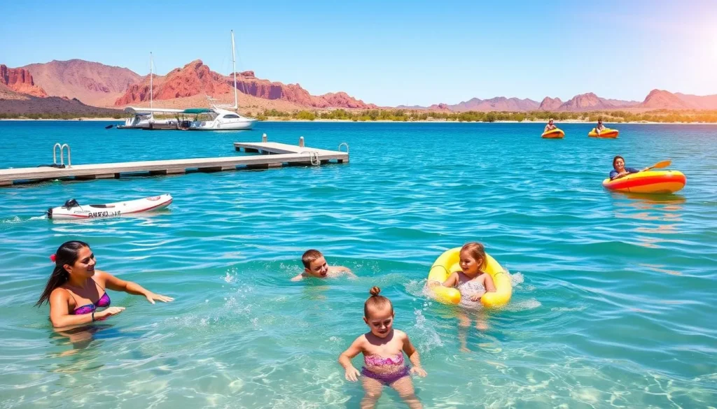 A serene lakeside scene at Lake Havasu, California, on a sunny summer day. In the foreground, a family of four - parents and two young children - enjoy various water activities such as swimming, kayaking, and splashing in the crystal-clear turquoise waters. The middle ground features a picturesque dock with boats and inflatables moored, while the background showcases the picturesque red rock formations and lush desert landscape surrounding the lake. Warm, golden sunlight filters through the scene, creating a soft, inviting atmosphere. The overall composition captures the quintessential family-friendly outdoor experience of Lake Havasu.