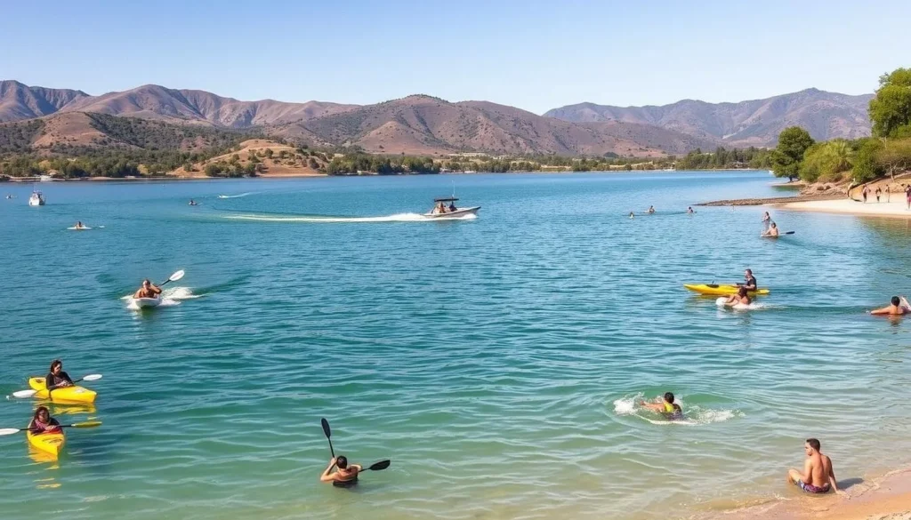 A serene lakeside scene at Lake McClure, California. In the foreground, people engage in various water activities - kayakers gliding across the calm, turquoise waters, while swimmers splash and play near the sandy shore. The middle ground features a few small motorboats, their wakes rippling the surface. In the background, rolling hills and lush, verdant trees frame the picturesque landscape, bathed in warm, golden sunlight. The atmosphere is tranquil and inviting, perfectly capturing the essence of a day spent enjoying the natural beauty of this pristine lake.